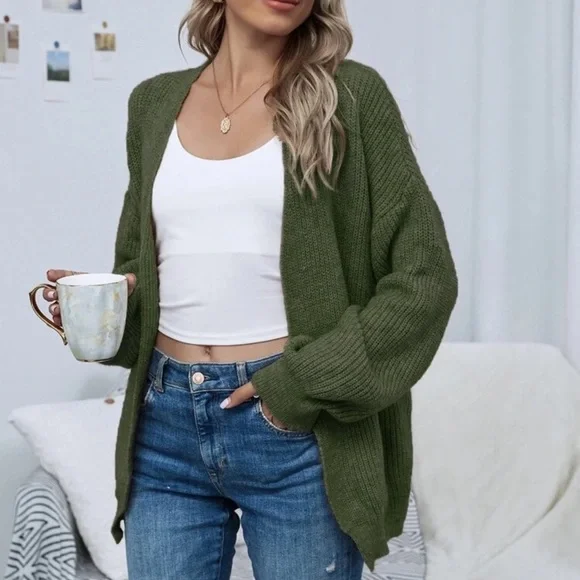 Soft knit drop shoulder oversized cardigan sweater tan - Picture 14 of 16